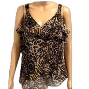 Grace Elements Brown Silk Ruffle Animal Print Blouse